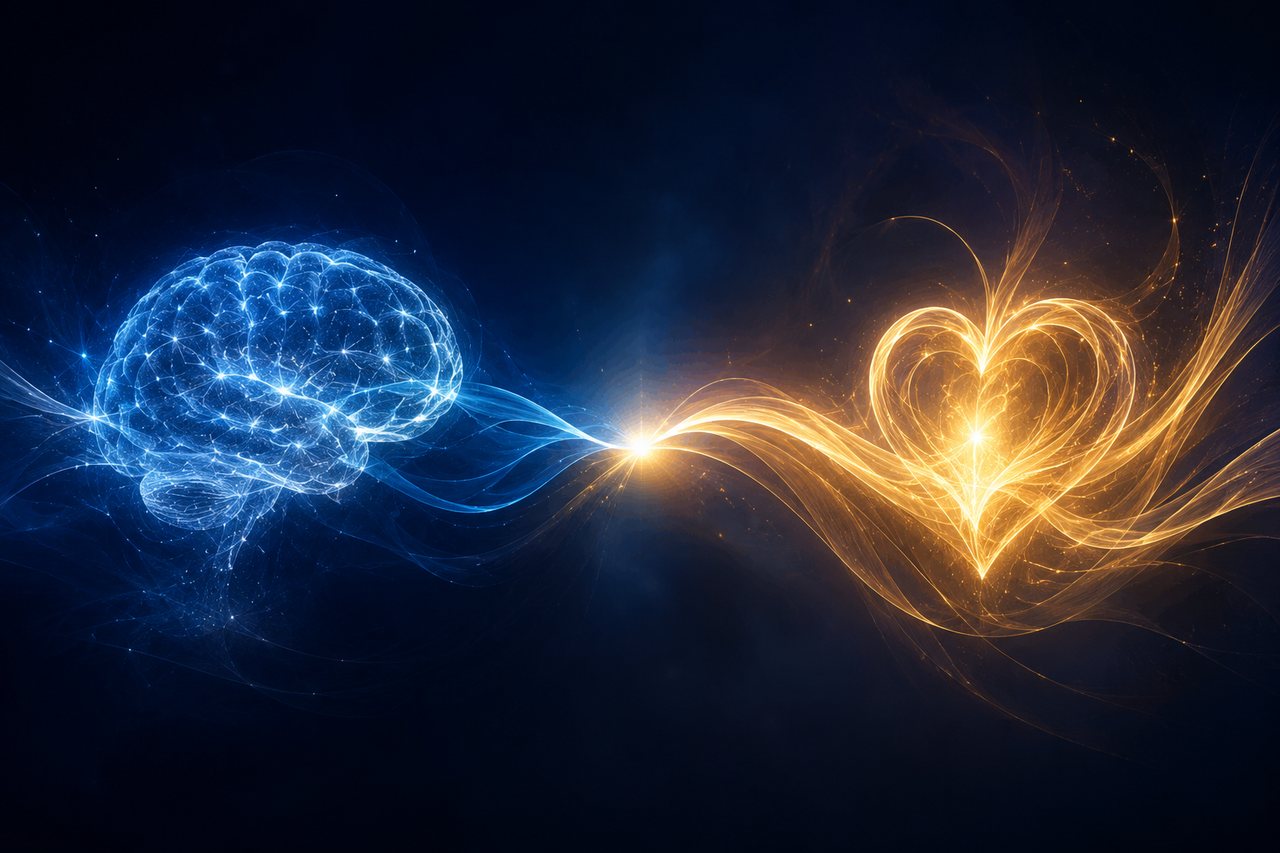 Blue brainwaves and golden Heartwaves meeting in balance